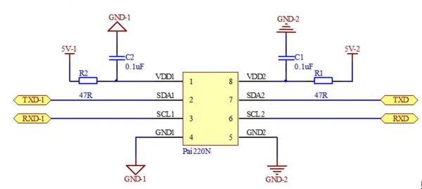 数字隔离器增加I2C传输距离(数字隔离器应用电路)-图2 数字隔离器增加I2C传输距离(数字隔离器应用电路)-图2